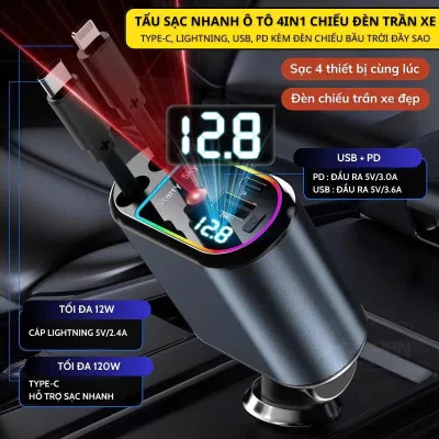 4-in-1 Car Fast Charger with Ceiling Light Usb+Type-C 120W Charges Phones and Tablets