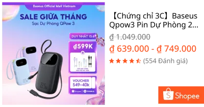 【Chứng chỉ 3C】Baseus Qpow3 Pin Dự Phòng 20000mAh/10000mAh PD22.5W Màn Số LED Cáp Kép Sạc Nhanh 2 Thiết Bị Nhỏ Gọn Bỏ Túi