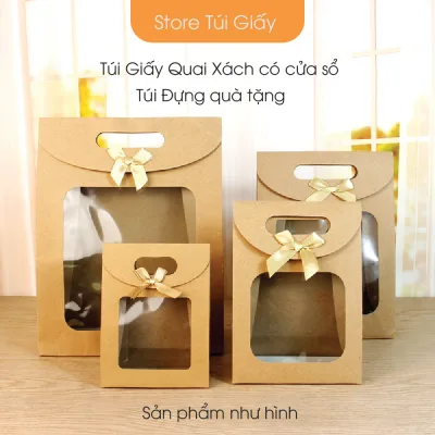 Túi giấy đựng quà tặng có kèm nơ - Giấy dày cứng cáp, cửa sổ trong suốt - Túi hột xoài quai xách
