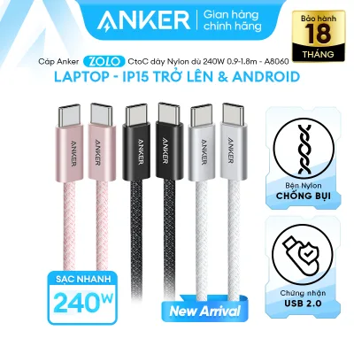 Cáp sạc nhanh ANKER Zolo USB-C to USB-C | Công suất 240W | Chuẩn chip E-Maker - A8060