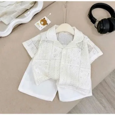 Bộ cộc tay lưới bé trai , Set áo lươi bé trai quần đũi trắng xịn sò phong cách Hàn quốc đi chơi đi biển - Mã lưới