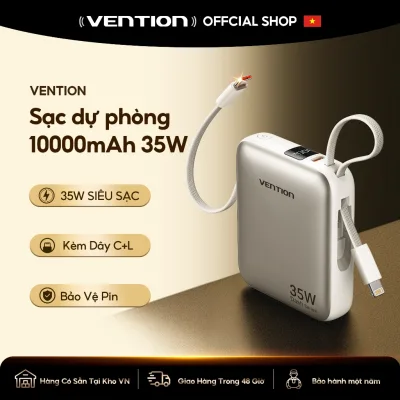 Vention Sạc Dự phòng 10000mAh có sạc nhanh 35W Super Mini – Cáp tích hợp Type C - PD, màn hình LED - kỹ thuật số - Pin sạc dự phòng Sạc Nhanh 35W Cho Điện Thoại, Máy Tính Bảng - Thiết Kế Nhỏ Gọn - Bảo Hành 12 tháng -Hàng Chính Hãng
