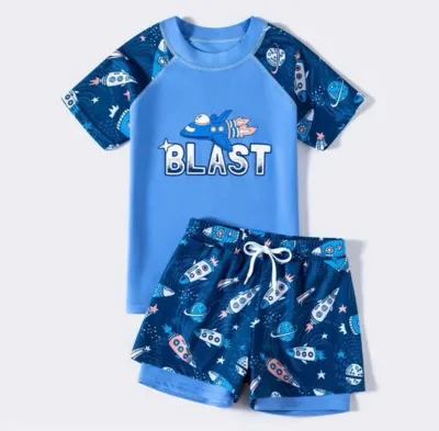Đồ bơi bé trai gồm áo cộc tay và quần đùi 2 lớp BLAST,bộ quần áo đi bơi bé trai in cá mập dài tay 12-55kg BK51