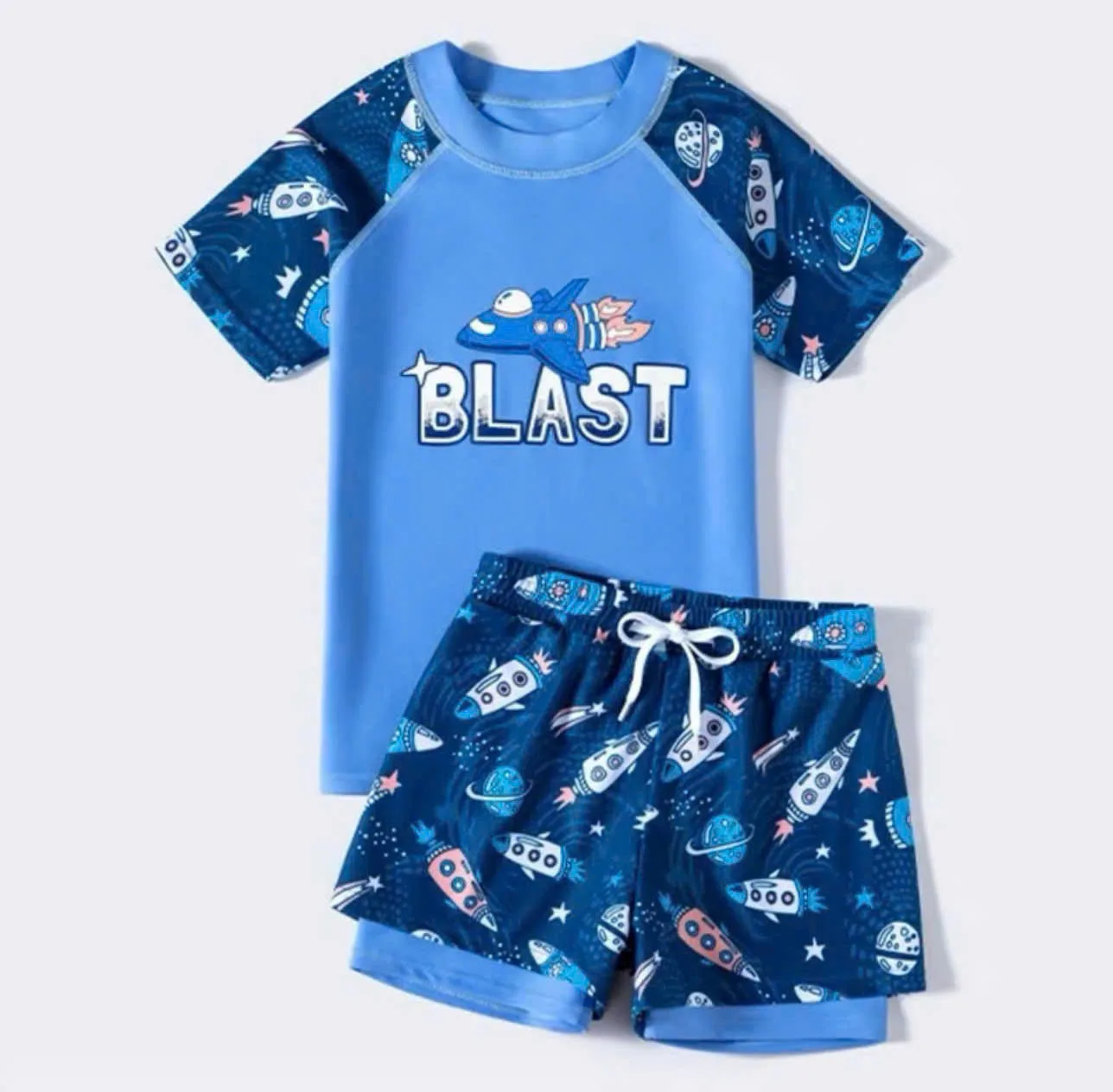 Đồ bơi bé trai gồm áo cộc tay và quần đùi 2 lớp BLAST,bộ quần áo đi bơi bé trai in cá mập dài tay 12-55kg BK51