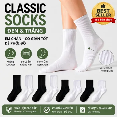 Set 5 Đôi /10 Đôi Tất Vớ Cổ Cao & Cổ Trung Nam Nữ Cotton - Không Tuột Gót, Thoáng Khí, Dễ Phối Đồ Đen Trắng