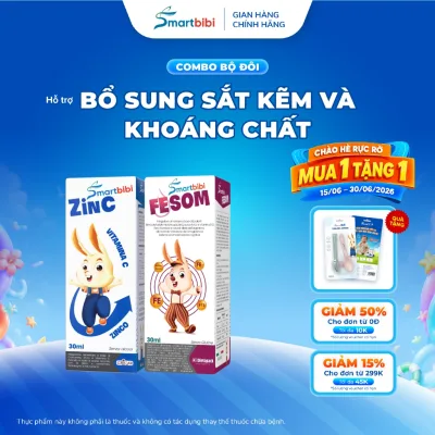 Combo siro bổ sung kẽm và khoáng chất cho bé Smartbibi Zin C + Smartbibi Fesom hỗ trợ bé bổ sung kẽm,tăng cường đề kháng