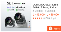 GOOJODOQ Quạt turbo Để Bàn 2 Trong 1 Vừa Là Quạt Vừa Là Đồng Hồ,100 Mức Gió,Màn Hình Số,Pin 4000mAh