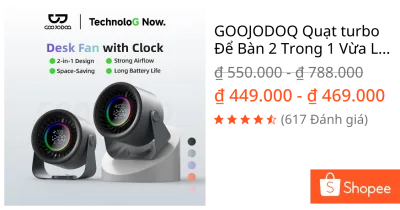 GOOJODOQ Quạt turbo Để Bàn 2 Trong 1 Vừa Là Quạt Vừa Là Đồng Hồ,100 Mức Gió,Màn Hình Số,Pin 4000mAh