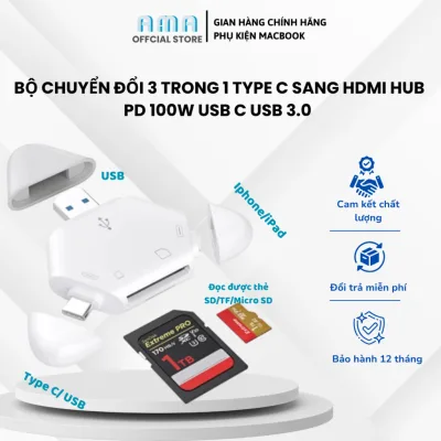 Đầu đọc thẻ nhớ đa năng SD/TF 3 IN 1 cho điện thoại, laptop, PC. Cổng kết nối Type C, USB, Lightning