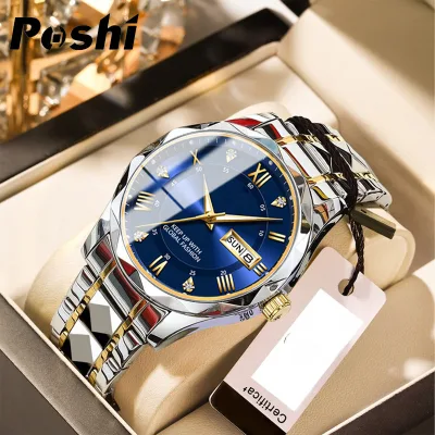Poshi Chính Hãng Nam Đồng hồ thể thao thời trang thường đồng hồ đeo tay thép vonfram Lịch hiển thị sáng đồng hồ quartz cho nam không thấm nước Đồng hồ + Hộp