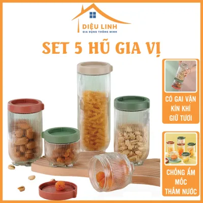 Set 5 Hủ Đựng Gia Vị Thủy Tinh - Lọ Thuỷ Tinh Nắp Giả Nhựa Có Gai Vặn Kín Khí Đựng Đồ Khô Nhiều Kích Cỡ, Đựng Gia Vị, Thực Phẩm Khô Với Họa Tiết Sang Tramanhshop