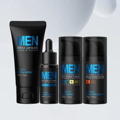 Bộ chăm sóc da nam LAIKOU 4 trong 1 - Tẩy tế bào chết da mặt + Tinh chất dưỡng ẩm sâu + Kem ngày SPF30 & Kem đêm phục hồi - Bộ dưỡng sáng da & kiểm soát dầu