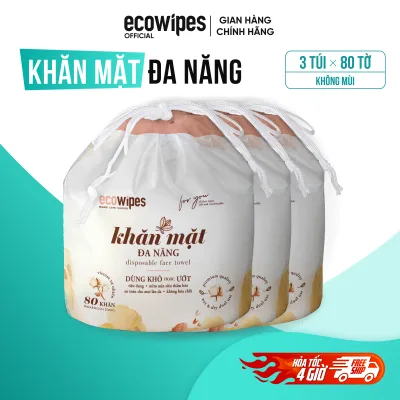 Thùng 03 túi khăn lau mặt khô EcoWipes cuộn 80 tờ size khăn 20x20cm dùng 1 lần lau khô lau ướt giấy lau mặt dùng một lần