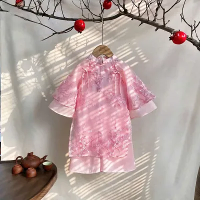 Ao Dai for Children Ao Dai for Girls Ao Dai for Tet in Pastel Pink with 4 Skirts and Lovely Silk Pants