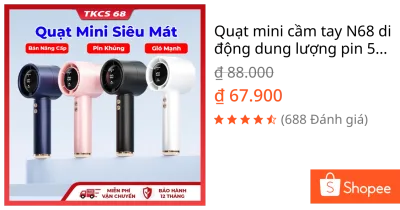 Quạt mini cầm tay N68 di động dung lượng pin 5000mAh có thể sạc gió mạnh 100 tốc độ turbo phản lực màn hình hiển thị pin