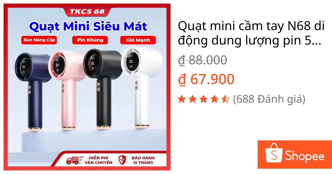 Quạt mini cầm tay N68 di động dung lượng pin 5000mAh có thể sạc gió mạnh 100 tốc độ turbo phản lực màn hình hiển thị pin