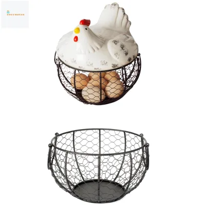 Giỏ đựng trứng trái cây bánh kẹo ăn vặt bằng sắt có nắp gốm hình gà mái sáng tạo dành cho trang trí nhà bếp