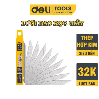 Hộp 10 Lưỡi Dao Rọc Giấy Deli, Chất Liệu Thép Hợp Kim Siêu Bền, Sắc Bén, Mũi Dao 30 Độ - DL-DP093