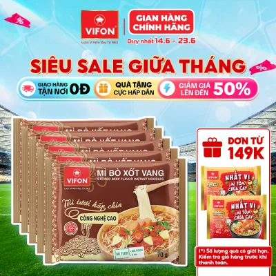 Set 5 Gói Mì Tươi Bò Xốt Vang/Thịt Bằm/Tôm Chua Cay VIFON - Sợi Dai Ngon, 70g/Gói