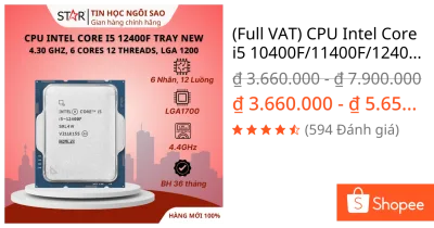 (Full VAT) CPU Intel Core i5 10400F/11400F/12400F/13400F/14400F/12400/13400 Tray New Không Fan - Bảo hành 36 tháng