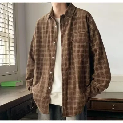 Áo sơ mi nam dáng rộng sọc ca rô thời trang retro Hàn Quốc cho nam áo dài tay nam phối túi ngực thời trang áo sơmi nam và nữ phối tay cao cấp thiết kế