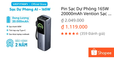 Pin Sạc Dự Phòng 165W 20000mAh Vention Sạc Được Laptop MatBook, Dây Type-C Tích Hợp, Màn Hình AI, 2 Cổng USB-A/C