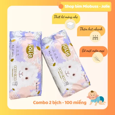 Combo 2 bịch 100 miếng bỉm Jolie size S/ M/L/XL/XXL/3XL/4XL cho bé siêu thấm hút, 550-800ml