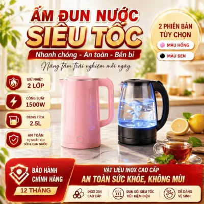Ấm đun siêu tốc, Bình đun nước thủy tinh siêu tốc 2.5L, inox không gỉ dung tích 1.8L