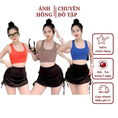 Đồ tập gym nữ Hot trend Áo Bra Mix Chân váy rút dây 2 bên co giãn thoáng mát tập gym, yoga, zumba, fitness( AH-02 )