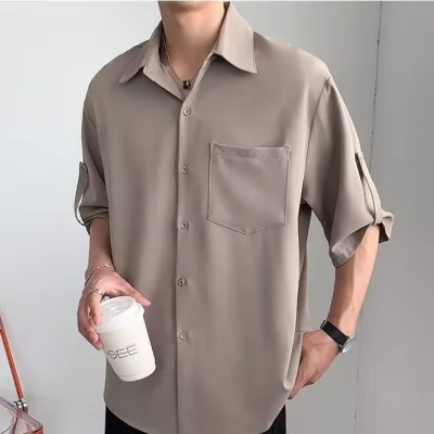 Áo Sơ Mi Thời Trang Nam Tay Ngắn Phiên Bản Hàn Quốc Hợp Thời Trang Nam Phù Hợp Với Nhật Bản ins Phong Cách Mới Hợp Thời Trang Bông Tai Kẹp Văn Học No C567#七分袖带仔M- 3XL Kaki Đen Trắng P20