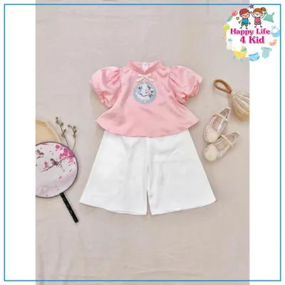 Lovely baby tricycle collar t-shirt with silk pants Mandarin collar mom kids clothes puff sleeve outfit-happy life 4kid