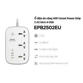 Ổ điện đa năng Energizer thông minh, WiFi Smart Power Strip chịu tải 2500W, sạc nhanh USB-C 38W - Hàng chính hãng