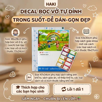 Decal bọc sách vở A4 B5 A5 HAKI set 10 tấm decal chống nước chống rách tặng kèm 10 nhãn vỡ cho học sinh