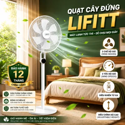Quạt cây đứng LIFITT chính hãng, quạt điều khiển với 3 tốc độ gió siêu mạnh, tùy chỉnh độ cao 3 tầng