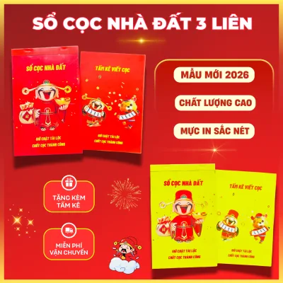 Sổ cọc nhà đất 3 liên thần tài may mắn, Hợp đồng đặt cọc mẫu mới 2026, bìa bọc gương, giấy dày, không lem nhoè, viết 1 bản thành 3 bản, tặng kèm tấm kê viết cọc