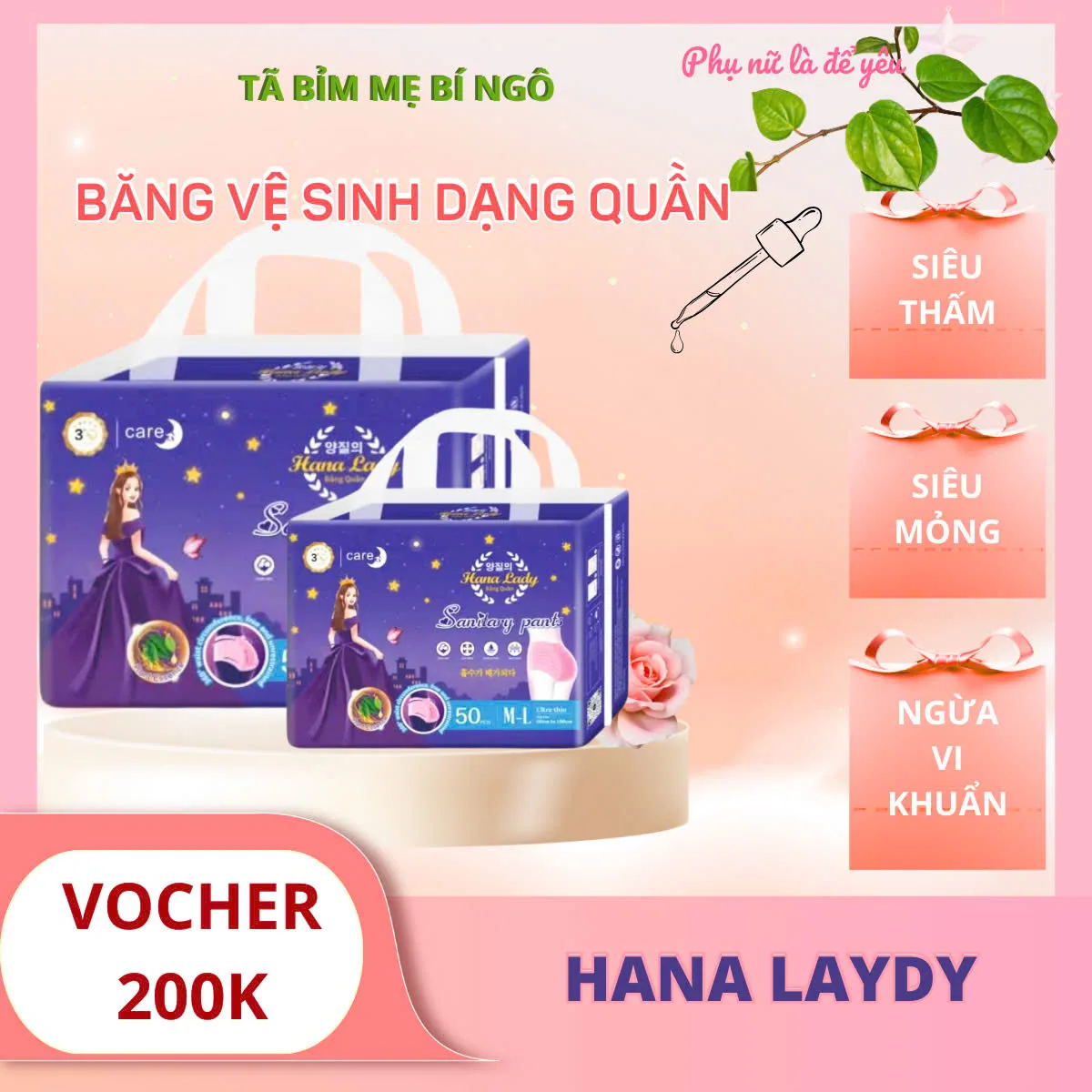 Băng vệ sinh dạng quần Hana lady size 30-95kg túi 10- 50 miếng, mềm, mỏng, siêu thấm, giá rẻ shop Tã bỉm mẹ Bí Ngô