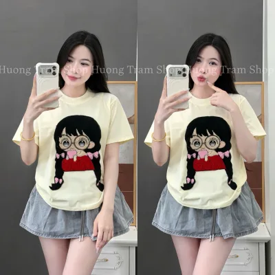 Áo phông nữ thêu hình CÔ GÁI mắt kính dáng babytee BASIC dễ mặc.Áo thun nữ xinh from vừa chất cao cấp