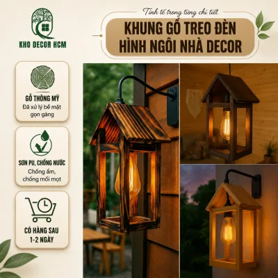 Kệ gỗ treo đèn decor hình ngôi nhà