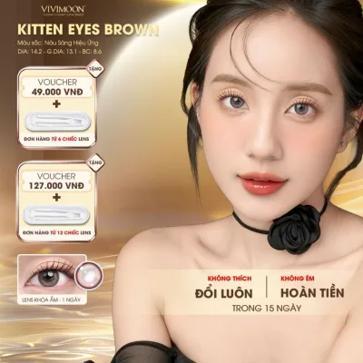 VIVIMOON lens cận khóa ẩm 1 ngày, công nghệ MPC cao cấp, kính áp tròng Kitten Eyes Brown màu nâu sáng hiệu ứng giãn vừa