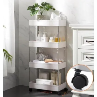 4-Tier Multi-Function Storage Shelf with Stainless Steel Bars and Wheels, Kitchen Shelf, Bathroom Shelf, Spa Shelf, Smart Assembled Shelf, Easy to Move