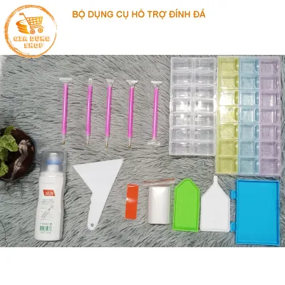 Dụng Cụ Hỗ Trợ Làm Tranh Đính Đá (Khay đựng đá hộp trong suốt có nắp, chai vệ sinh tranh, sáp, cây đính đá, túi zip)