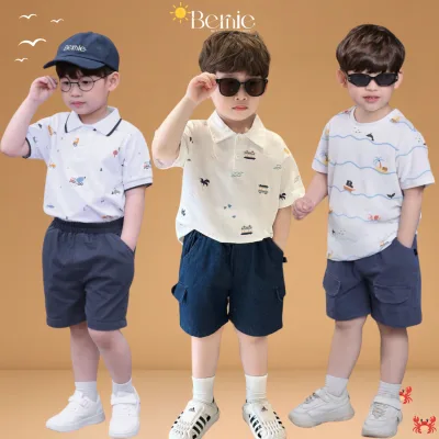 Cotton T-Shirt Sets for Boys Going to the Beach, School, or Going Out, Ages 1 to 7, Bernie, Many Mixed Designs