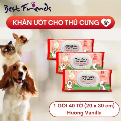 Combo 3 Khăn Ướt Chăm Sóc Thú Cưng Best Friends Maxi Care - Hương Vanilla, Loại Bỏ Mồ Hôi, Kích Thước Dày 40 Tờ