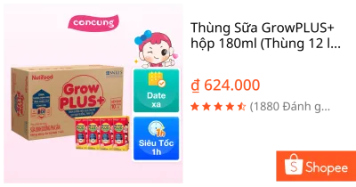 Thùng Sữa GrowPLUS+ hộp 180ml (Thùng 12 lốc - lốc 4 hộp)