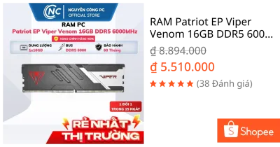 RAM Patriot EP Viper Venom 16GB DDR5 6000MHz (LGA1700 - AM5) - BH 60 tháng