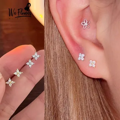 WE FLOWER Hàn Quốc s925 Bạc Vàng Pha Lê Cỏ Ba Lá Vít Bông Tai Nữ Cô Gái Đính Hôn Dự Tiệc Tai Đinh Trang Sức Phụ Kiện