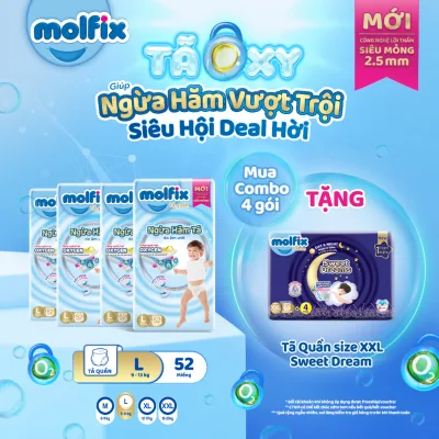 Combo 4 Tã/bỉm quần Molfix Oxy Super Jumbo giúp Ngừa Hăm Tã size M,L,XL,XXL,XXXL
