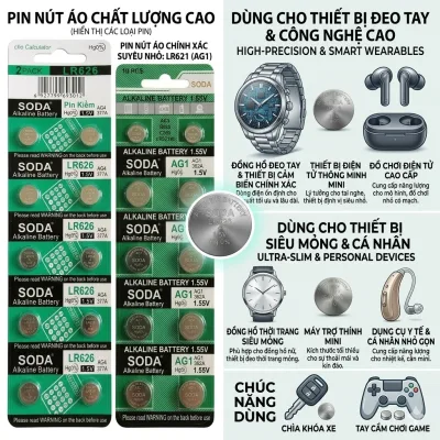 Pin Nút Áo SODA LR41 LR626 LR621 AG5 Cho Đồng Hồ, Đồ Chơi, Thiết Bị Y Tế (Vỉ 10 Viên)