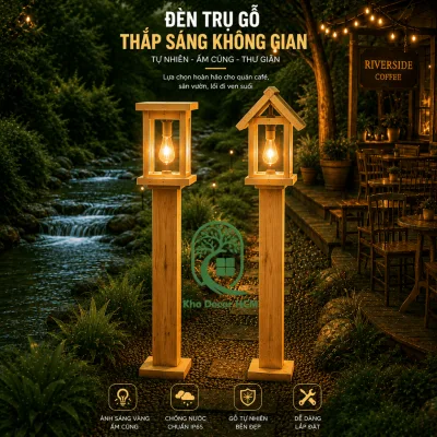Cột đèn gỗ, trụ đèn trang trí, cột đèn decor, trang trí quán cà phê
