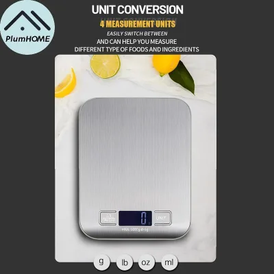 PlumHOME Cân nhà bếp kỹ thuật số 5kg Màn hình LED bằng thép không gỉ có độ chính xác cao Trọng lượng thực phẩm điện tử để nướng nấu ăn Nhà bếp Sử dụng VN